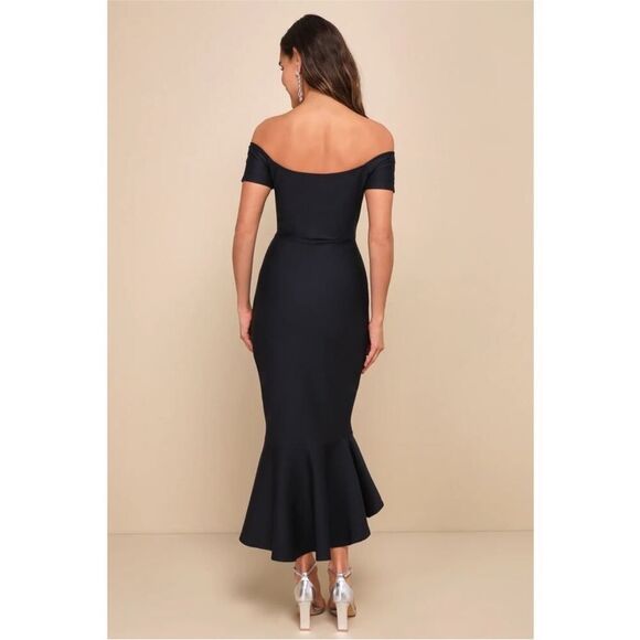 Lulus How Much I Care Black Off-the-Shoulder Midi Trumpet Dress Size Small NEW - Picture 2 of 16